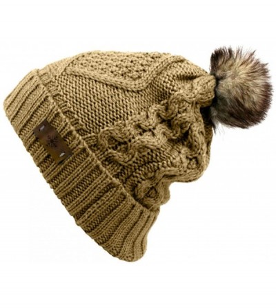 Skullies & Beanies Women's Fleece Lined Knitted Slouchy Faux Fur Pom Pom Cable Beanie Cap Hat - Tan - CD18724SHZ2 $20.25