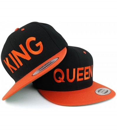 Baseball Caps King and Queen Two Tone Embroidered Flat Bill Snapback Cap - 2pc Set - Black Orange - CL17YXM7AEO $42.14