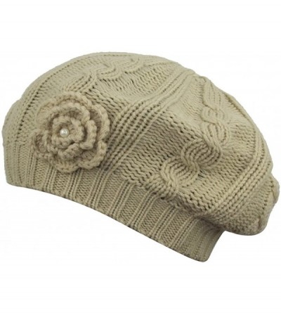 Berets Women Crochet Braided Knit Flower Beret Baggy Beanie Ski Cap Hat - Beige - CX11ZYOBZXP $8.54