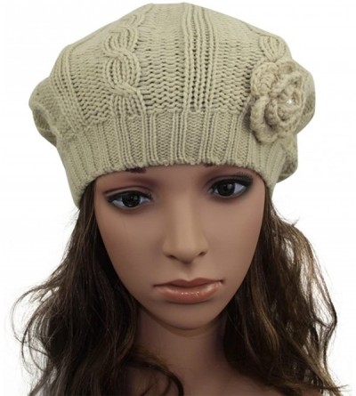 Berets Women Crochet Braided Knit Flower Beret Baggy Beanie Ski Cap Hat - Beige - CX11ZYOBZXP $8.54