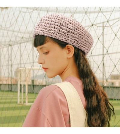 Berets Women Beret Hat Crochet Straw Newsboy Hat Adjustable French Style Fiddler Artist Hat - Light Pink - CG18SANR7RR $8.05