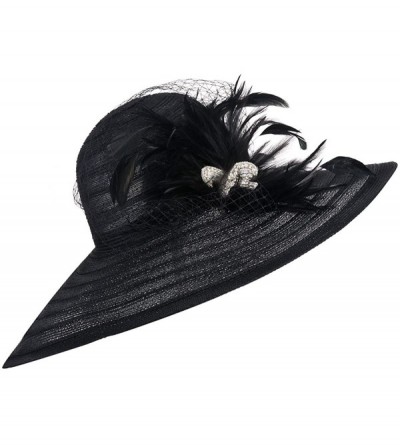 Sun Hats Womens Dress Church Kentucky Derby Wide Brim Feather Wedding Veil Sun Hat A265 - Black - CR11WUE2YFF $17.11