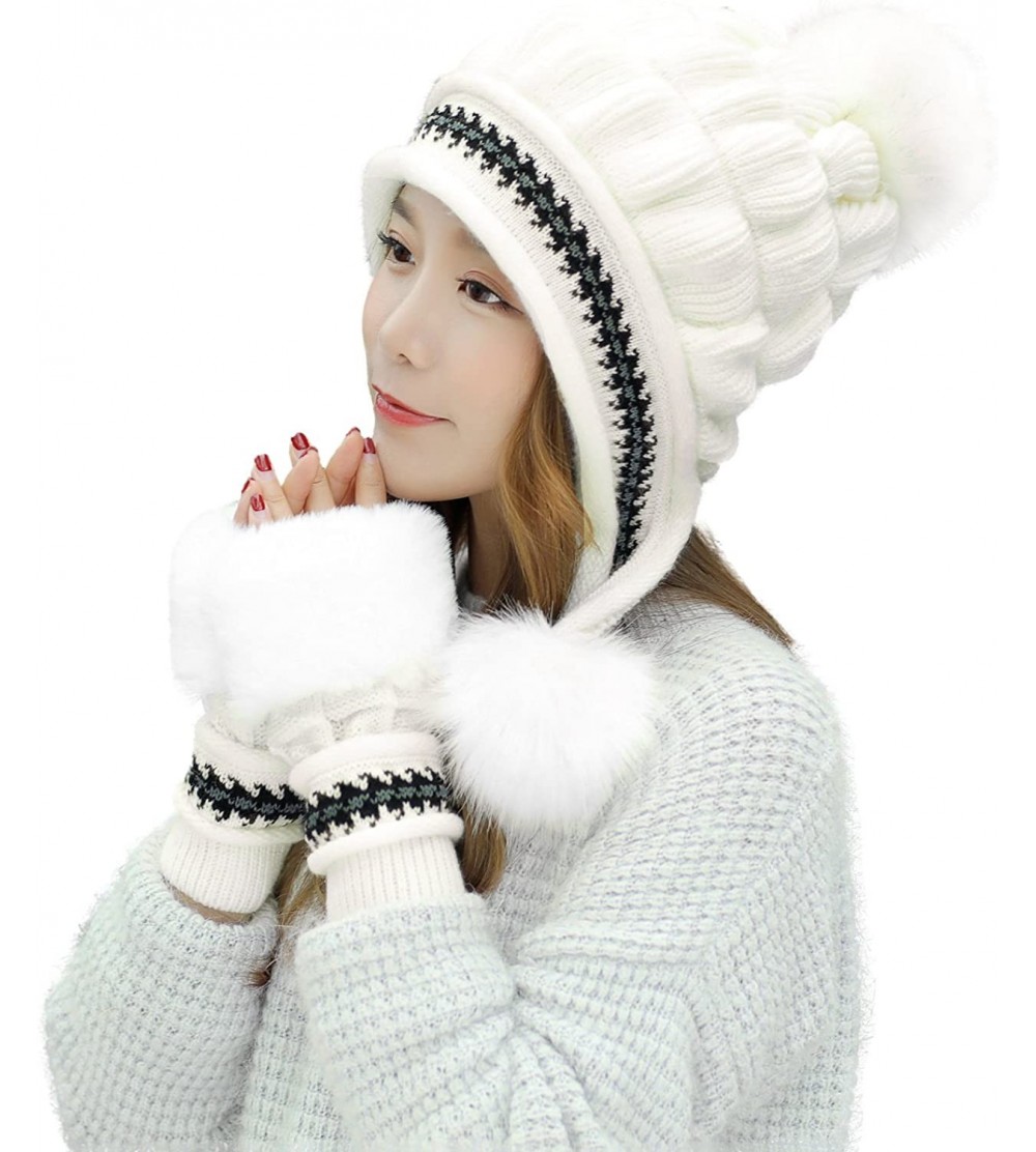 Skullies & Beanies Women Knit Beanie Winter Ski Hat Cap with Earflap Pom Glove Set - Hat Glove Set_white - C7188KWUHRL $22.21