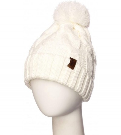 Skullies & Beanies Women Chunky Soft Strech Cable Knit Pom Pom Beanie Sherpa Fleece Lined - White - C318KKLQ60T $14.62