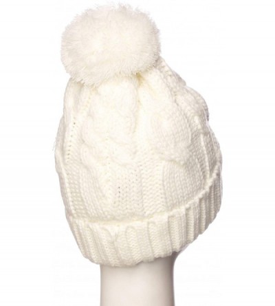 Skullies & Beanies Women Chunky Soft Strech Cable Knit Pom Pom Beanie Sherpa Fleece Lined - White - C318KKLQ60T $14.62