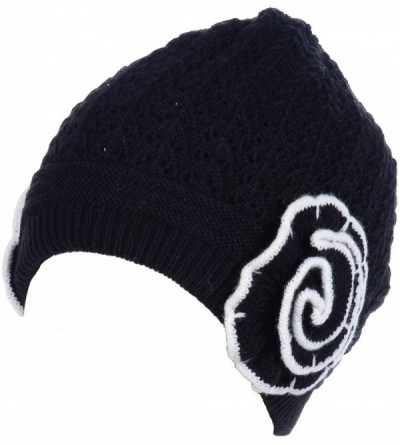 Skullies & Beanies Womens Warm Lined Flower Cable Knit Winter Beanie Hat Retro Chic Many Styles - H5247black - C412MZPD04V $3...