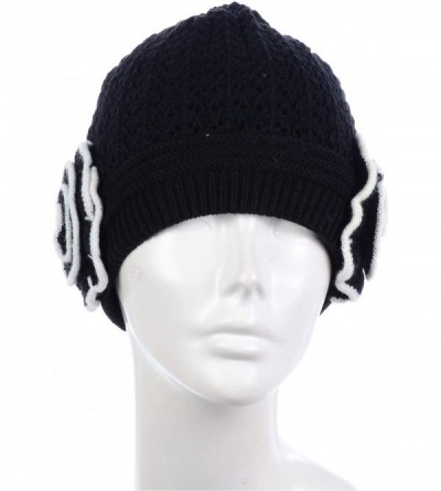 Skullies & Beanies Womens Warm Lined Flower Cable Knit Winter Beanie Hat Retro Chic Many Styles - H5247black - C412MZPD04V $1...