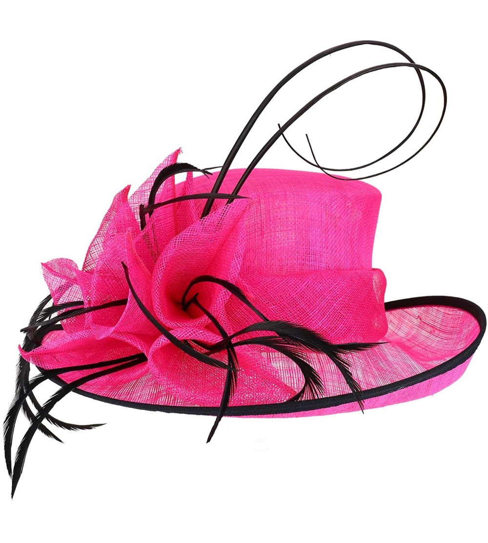 Sun Hats Women's Feather Quill Decorated Flower Wide Brim Sinamay Hat - Fuchsia - CM18R58S8DA $46.31