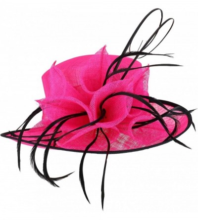 Sun Hats Women's Feather Quill Decorated Flower Wide Brim Sinamay Hat - Fuchsia - CM18R58S8DA $46.31