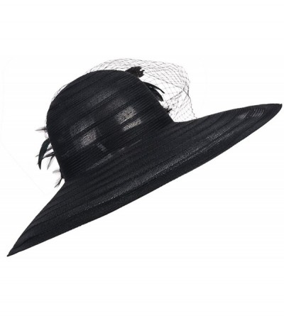 Sun Hats Womens Dress Church Kentucky Derby Wide Brim Feather Wedding Veil Sun Hat A265 - Black - CR11WUE2YFF $17.11