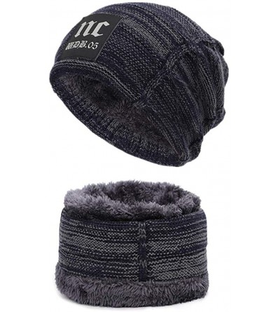 Skullies & Beanies 3 in 1 Winter Beanie Hat Scarf and Gloves Set Warm Knit Hat Thick Fleece Lined for Men Women - Nc Navy - C...