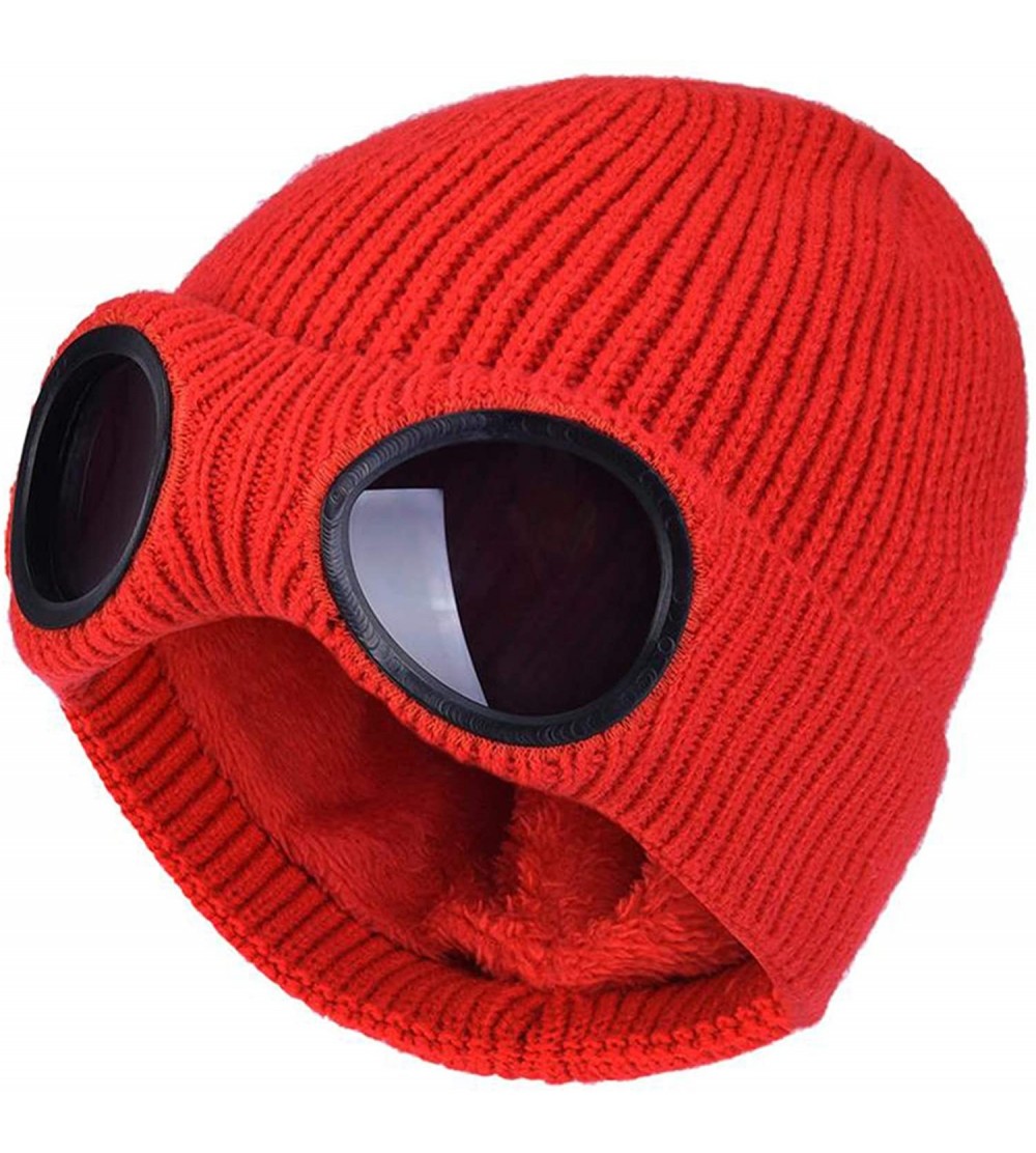 Skullies & Beanies Winter Hat with Windproof Glasses Beanie Hat Warmer Loop Scarves Snood Set for Men & Women - Red-hat - CC1...