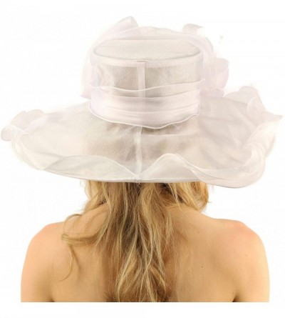 Sun Hats Superb Ruffle Edges Floral Feathers Organza Derby Floppy Wide 6" Dress Hat - White - C717XMNY3C6 $98.06
