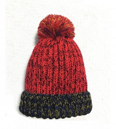 Skullies & Beanies 2PCS Parent-Child Hat Winter Super Warm Soft Knit Hat Mixed Color Beanie Ski Cap with Pom Pom - Red - C118...