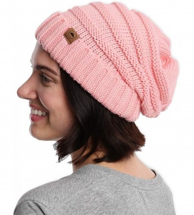 Skullies & Beanies Slouchy Cable Knit Beanie for Women - Warm & Cute Winter Hats for Cold Weather - Pink - CI184AL3U08 $9.35