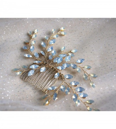 Headbands Bridal Crsytal Hair Accessories Blue Opal Crystal Handmade Bridal Headpiece - Golden Comb - CI18HSYUTLQ $15.76