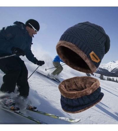 Skullies & Beanies Hat Scarf Set Winter Beanie Warm Knit Hat Fleece Lined Scarf Warm Winter Hat for Men & Women - Navy 3 in 1...