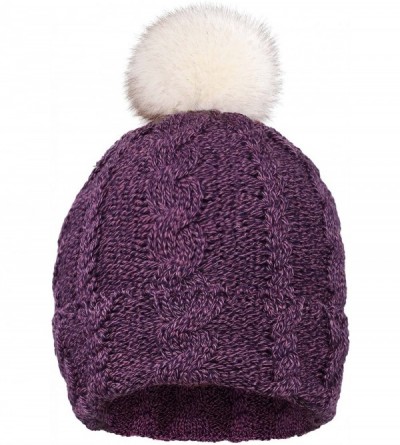 Skullies & Beanies Cable Knit Beanie with Faux Fur Pompom Ears - Single Pom_purple - CH1934C2WDM $16.73