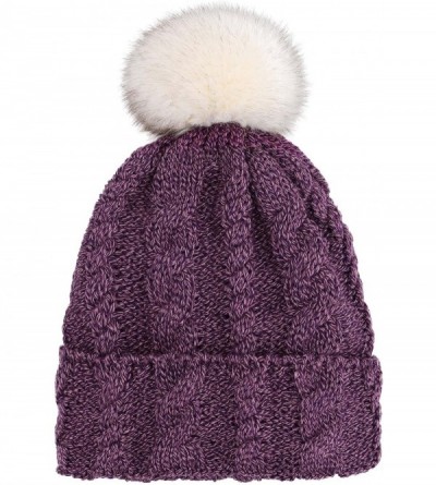 Skullies & Beanies Cable Knit Beanie with Faux Fur Pompom Ears - Single Pom_purple - CH1934C2WDM $16.73
