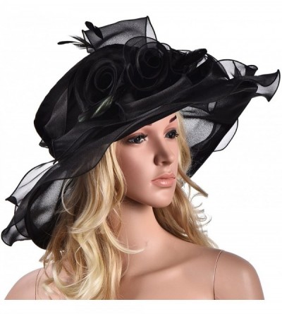 Sun Hats Womens Flower Kentucky Derby Wide Brim Church Dress Sun Hat A341 - Black - CR12EG43FEF $24.11