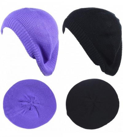 Berets JTL Beret Beanie Hat for Women Fashion Light Weight Knit Solid Color - 2pcs-pack Purple and Black - CD18QHM4C94 $29.81