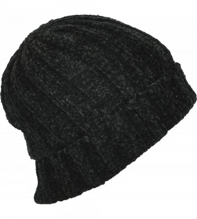 Skullies & Beanies Women's Chenille Rib Knit Hat Foldover Beanie Faux Fur Lined - 02 Black - CM18IKC7N62 $13.57