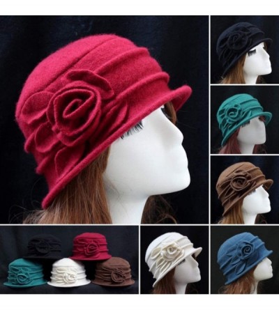 Fedoras Women 100% Wool Solid Color Round Top Cloche Beret Cap Flower Fedora Hat - 1 Coffee - C0186WZKRZ8 $19.01