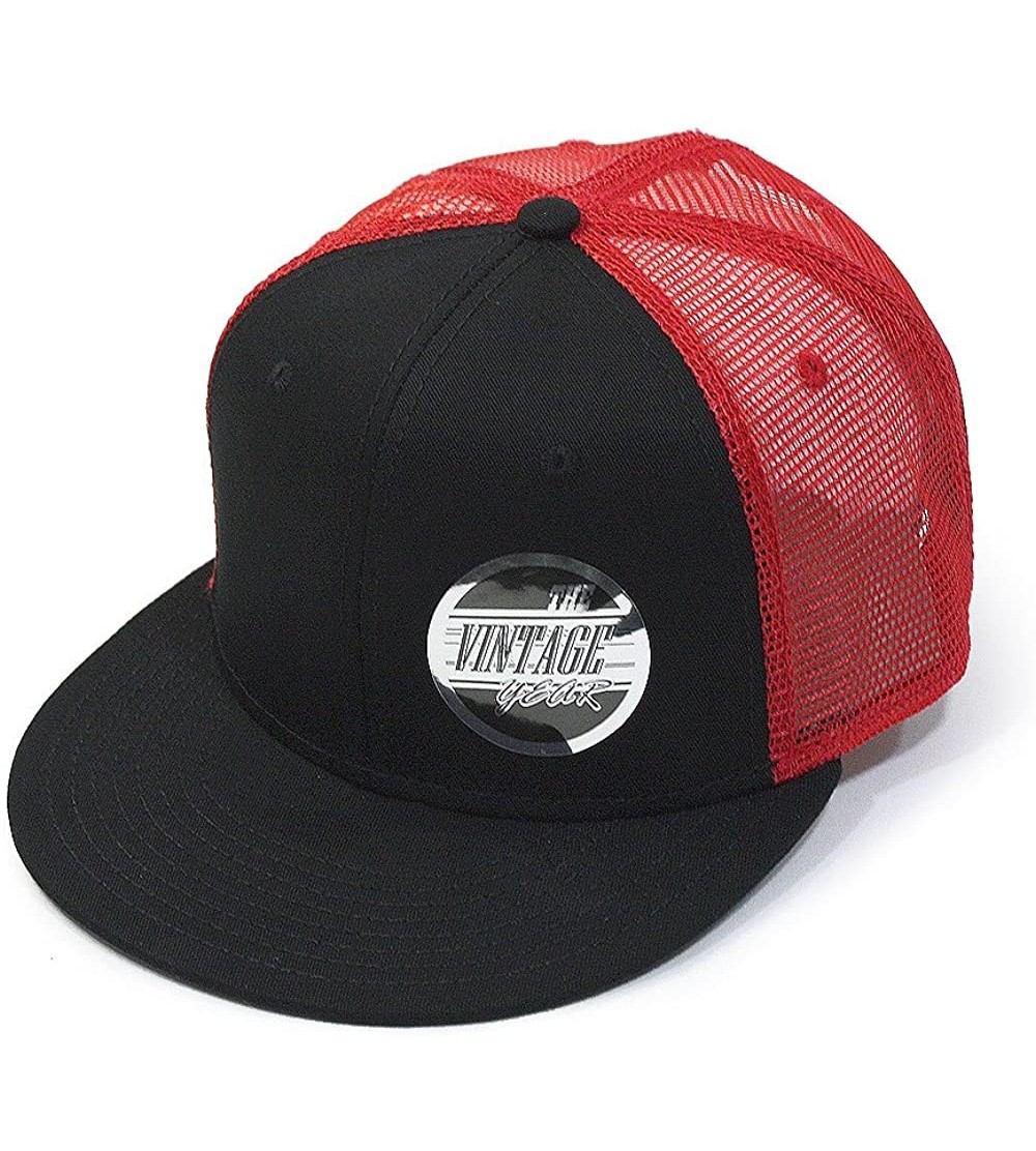 Baseball Caps Plain Cotton Twill Flat Brim Mesh Adjustable Snapback Trucker Baseball Cap - Black/Black/Red - CE122TZG2MZ $13.81