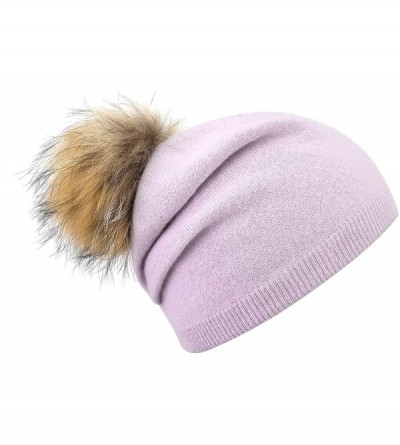 Skullies & Beanies Women Knit Wool Beanie- Cozy Cashmere Hat Wool Knit Cap with Cute Fur Pom Pom - Light Purple - C418YKOQLI3...