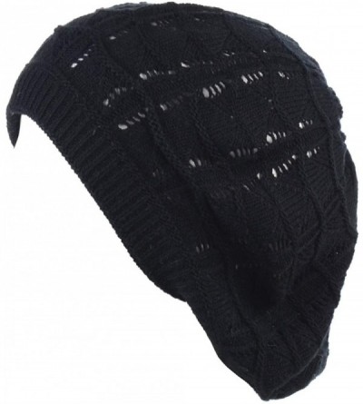 Berets Chic Soft Knit Airy Cutout Lightweight Slouchy Crochet Beret Beanie Hat - Black Wavy Stripe - C618L3UKZ7C $20.51