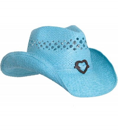Cowboy Hats Boho Hip Cowboy Hat with Heart Concho- Natural Toyo Straw- Shapeable Brim - Turquoise - CJ11UF553FT $22.80