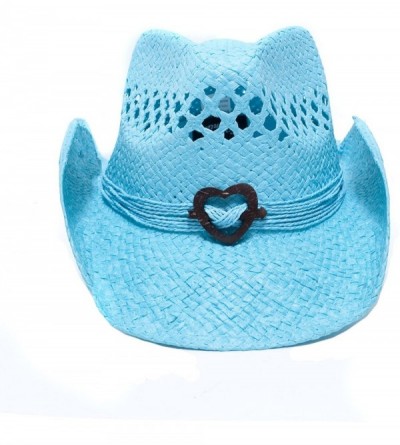 Cowboy Hats Boho Hip Cowboy Hat with Heart Concho- Natural Toyo Straw- Shapeable Brim - Turquoise - CJ11UF553FT $48.86