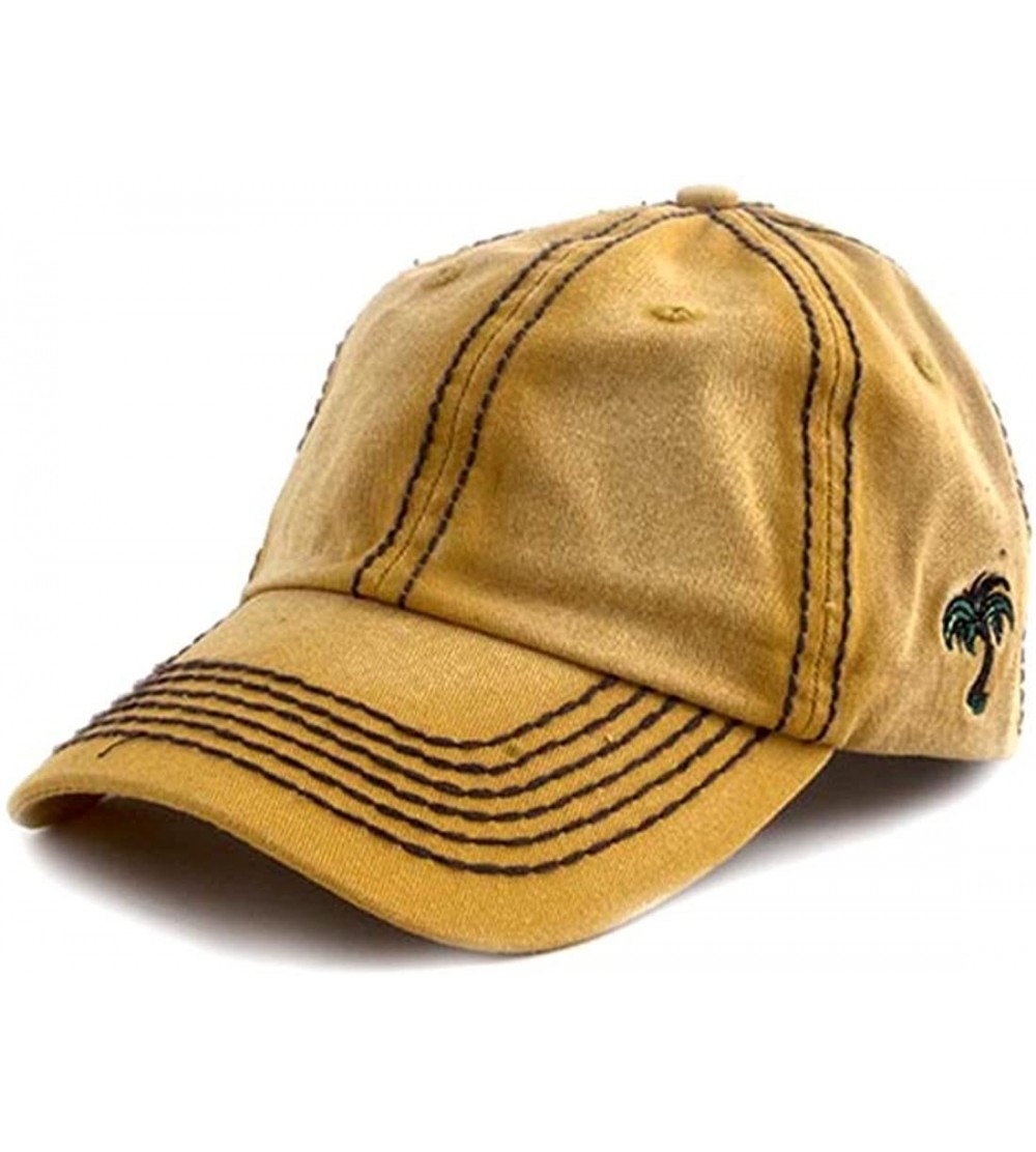 Baseball Caps Mustard Washed Denim Baseball Cap Hat w/Palm Tree Accent & Thick Brown Stitching - CL121V2HXKH $11.20