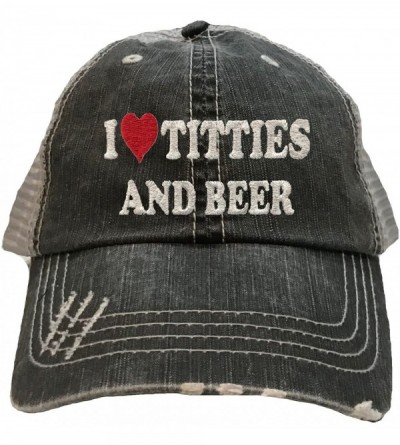 Baseball Caps Adult I Love Titties & Beer Embroidered Distressed Trucker Cap - Black/ Grey - CD18G7UXCY2 $22.87