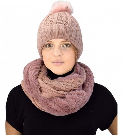 Skullies & Beanies Thick Warm Crochet Beanie Hat & Plush Fur Lined Infinity Loop Scarf Set - Pink 98 - CJ18YHERTY4 $11.79
