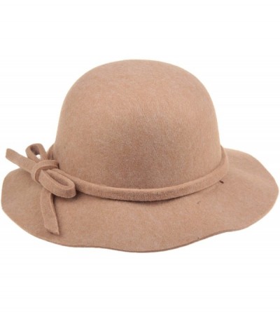 Bucket Hats Women's Wool Bucket Hat with Bow Cloche Flapper Tea Party Derby Church - Khaki - CA186YGD4N5 $22.26