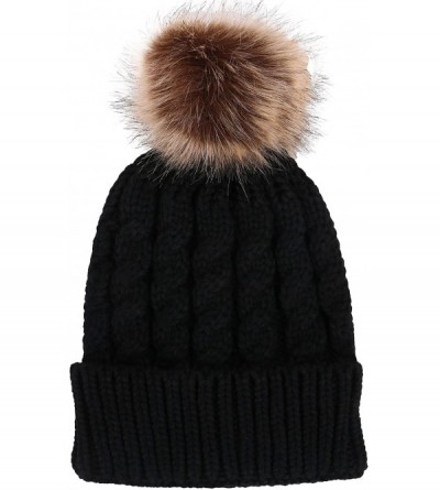 Skullies & Beanies Womens Winter Hand Knit Faux Fur Pompoms Beanie Hat - 2 Pcs Black/Grey - CQ12BYRS6W3 $17.80