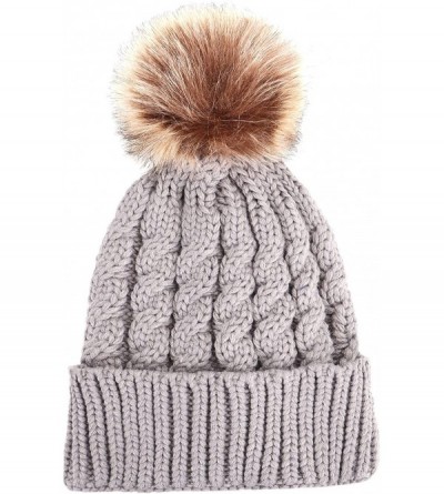 Skullies & Beanies Womens Winter Hand Knit Faux Fur Pompoms Beanie Hat - 2 Pcs Black/Grey - CQ12BYRS6W3 $17.80