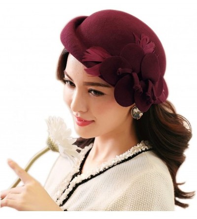 Berets Womens 100% Wool Veil Flower Pillbox Hat Winter Hat Crimping Beanie Hat - B-wine Red - CI18GTNDH2M $39.00