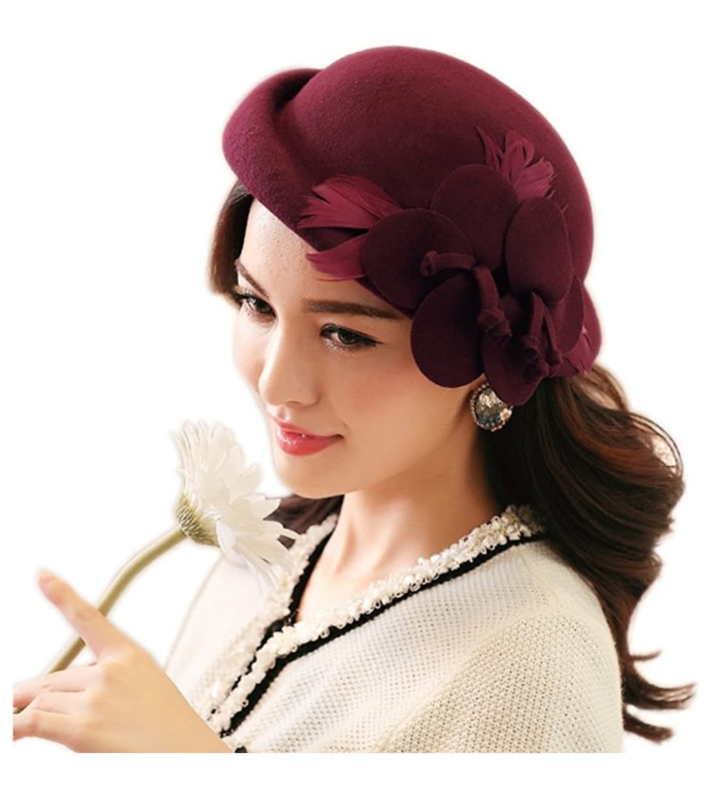 Berets Womens 100% Wool Veil Flower Pillbox Hat Winter Hat Crimping Beanie Hat - B-wine Red - CI18GTNDH2M $21.04