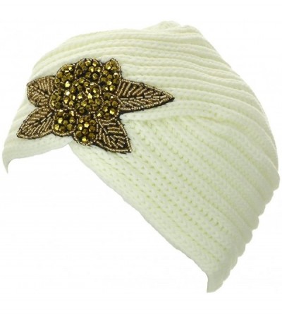 Skullies & Beanies Women's Knit Crystal Bead Decorated Ribbed Turban - Ivory - CO11QP90RHX $12.51