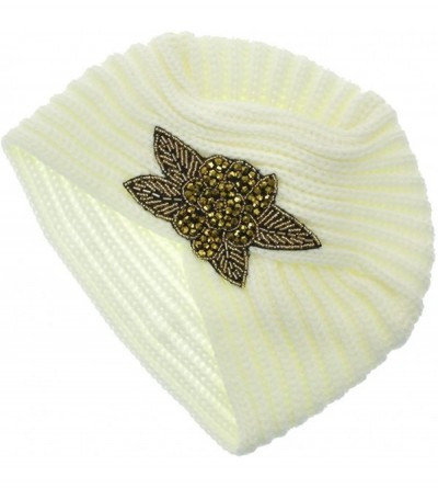 Skullies & Beanies Women's Knit Crystal Bead Decorated Ribbed Turban - Ivory - CO11QP90RHX $12.51