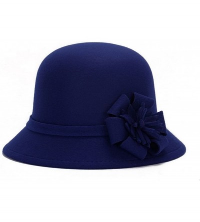 Bucket Hats Women Warm Wool Felt Church Cloche Cap Bucket Hat Bowler Hats with Flower Band - Royal Blue - CN18M58ZCYY $18.22