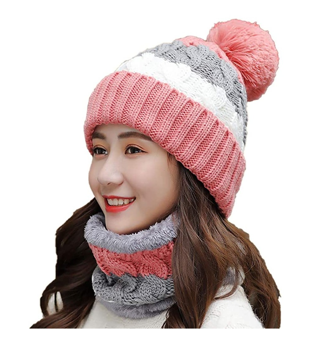 Skullies & Beanies Womens Winter Pompom Slouchy - Pink White - CX18AUDG29O $10.29