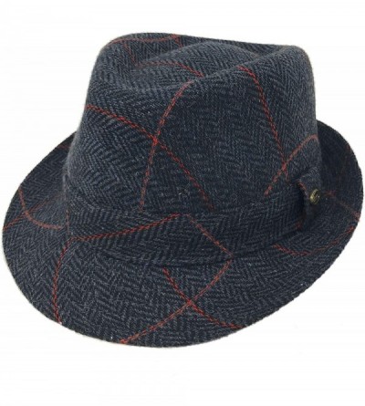 Fedoras Men's Classic Wool Herringbone Plaid Winter Fall Derby Fedora Trilby Hat - Navy - CO18YSXWMWL $34.83