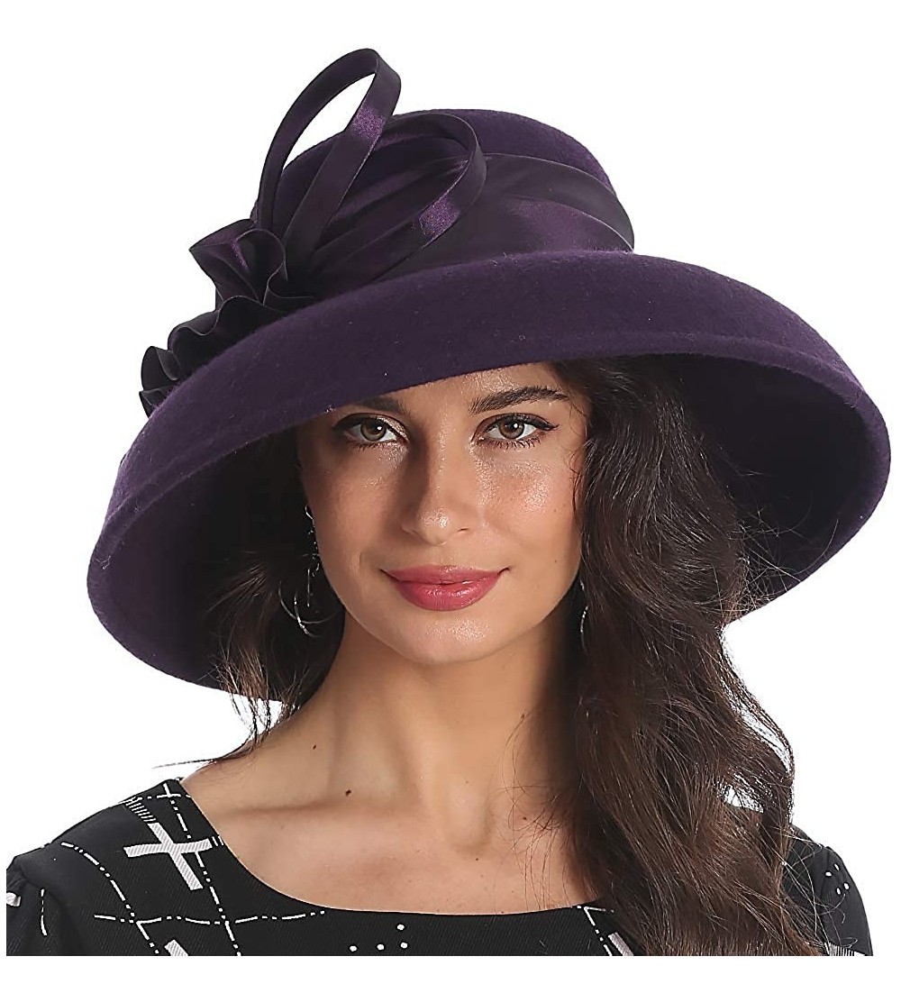 Bucket Hats Elegant Women Wool Felt Floral Trimmed Cloche Bucket Winter Church Hats - Purple - C218KQ42O3R $27.12