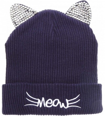 Skullies & Beanies Women's Soft Warm Embroidered Meow Cat Ears Knit Beanie Hat with Stone Embellished - Navy - C818Y5UM5Z9 $2...