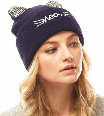 Skullies & Beanies Women's Soft Warm Embroidered Meow Cat Ears Knit Beanie Hat with Stone Embellished - Navy - C818Y5UM5Z9 $1...