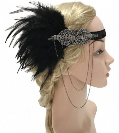 Headbands Vintage 1920s Black Feather Headpiece Gold Beaded Art Deco Flapper Headband - Chain - Gun Black - C0187IOCOUL $13.61