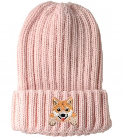 Skullies & Beanies [ Shiba Inu ] Cute Embroidered Puppy Dog Warm Knit Fleece Winter Beanie Skull Cap - Pink - CZ189RY4C0N $14.93